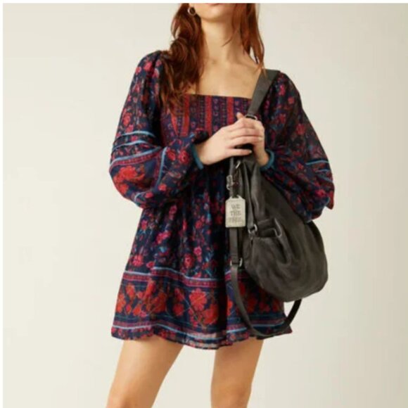Free People Endless Afternoon Mini Dress Blue Red Floral Long Sleeve Babydoll - Picture 11 of 11